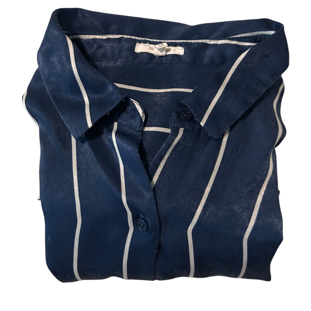 Maurices Navy Blue White Stripe Button Down Blouse – Size 1X Satin-like Sheen - Picture 4 of 8
